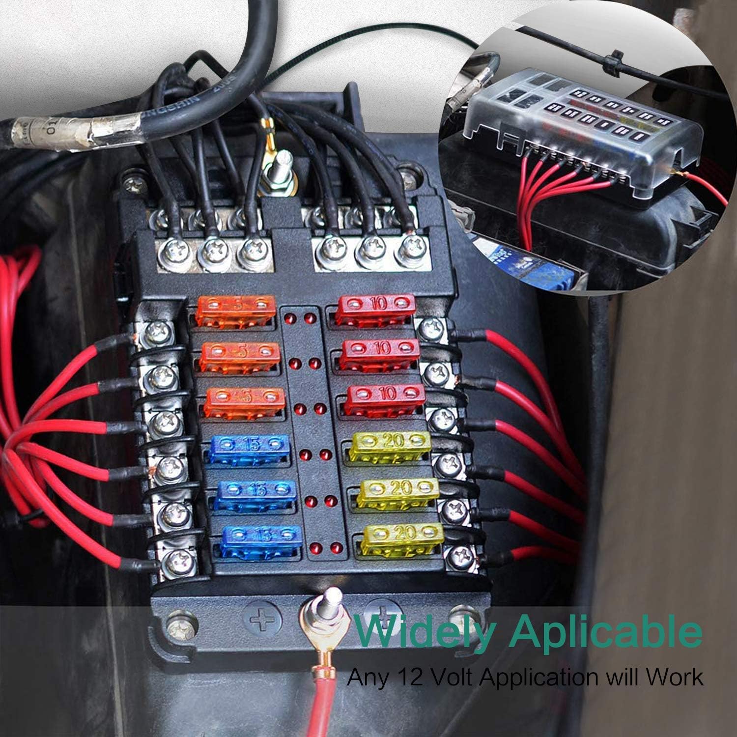 12V Blade Fuse Block,12 Circuit Atc/Ato Fuse Box Holder With Led Indicator Waterpoof Cover For 12V/24V Automotive Truck Boat Marine Rv Van Vehicle
