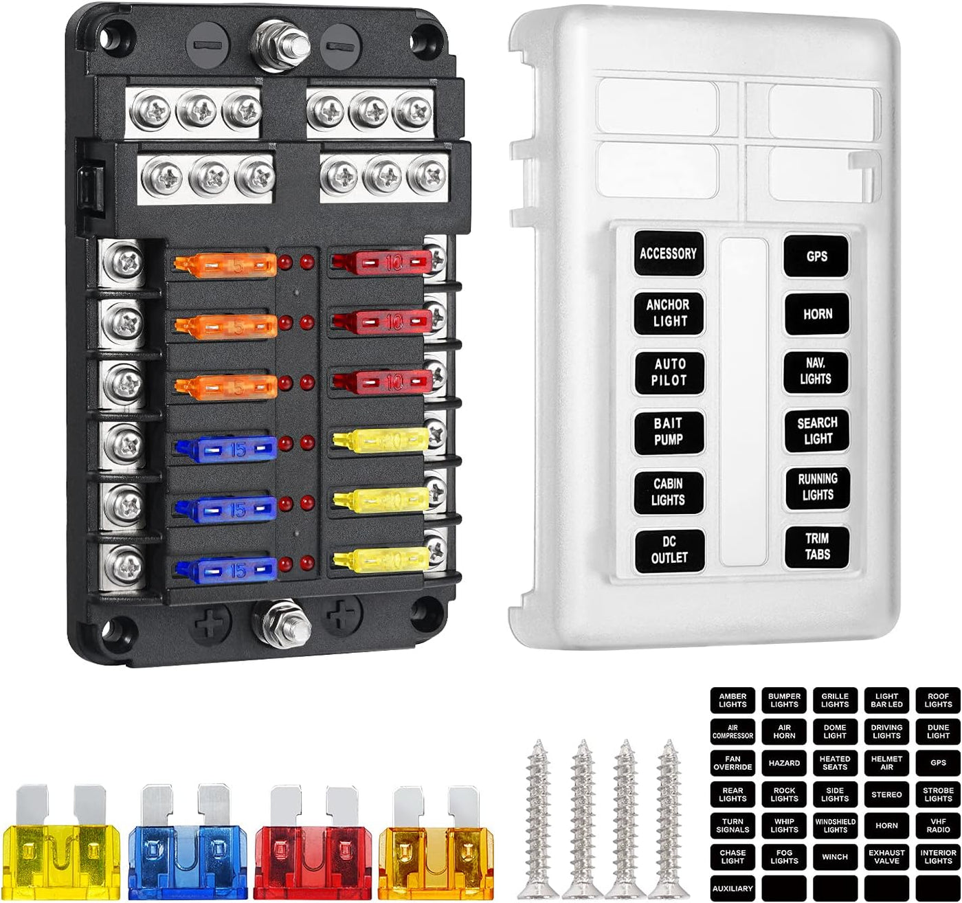 12V Blade Fuse Block,12 Circuit ATC/ATO Fuse Box Holder with LED Indicator Waterpoof Cover for 12V/24V Automotive Truck Boat Marine RV Van Vehicle