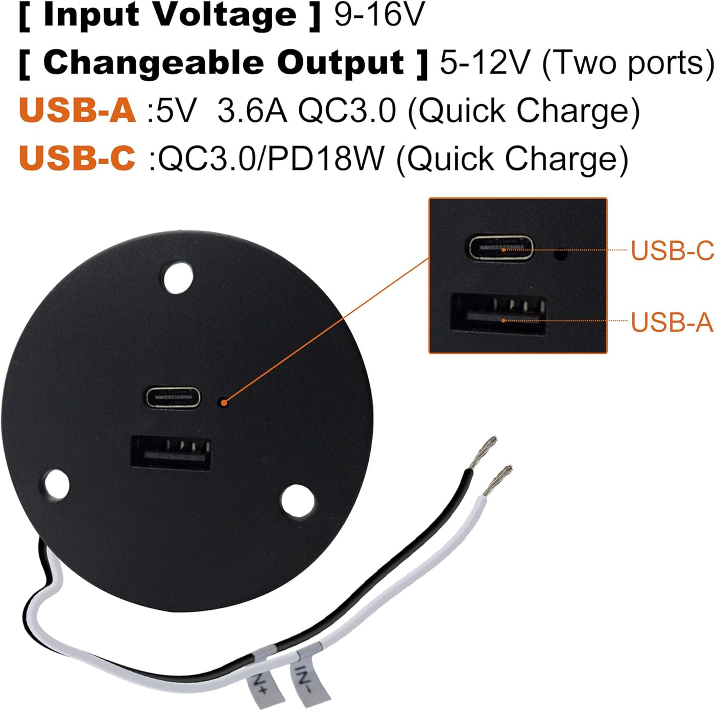 12V RV USB Charger Socket, QC3.0 Quick Charger USB Type A + Type C PD 18W, Wall Mount RV USB Charging Port, for RV Trailer Camper B